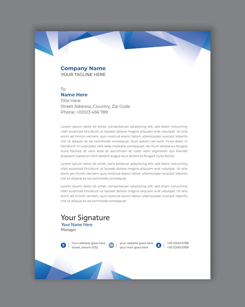Elegante plantilla de papel de carta geométrico azul para la comunicación empresarial
