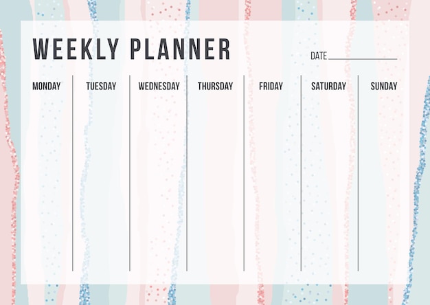 Vector elegante plantilla de planificación semanal sobre fondo rayado en colores azul y rosa pastel