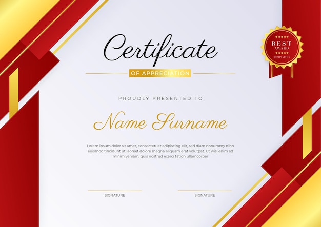 Elegante plantilla de premio de certificado de diploma rojo y dorado
