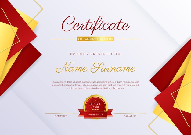 Elegante plantilla de premio de certificado de diploma rojo y dorado