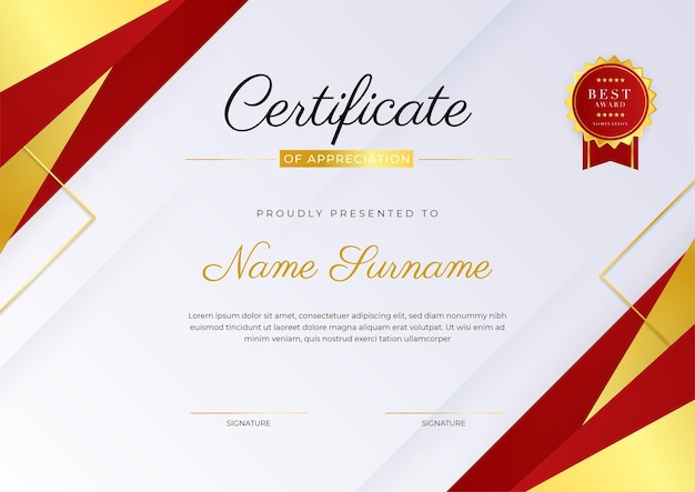 Elegante plantilla de premio de certificado de diploma rojo y dorado