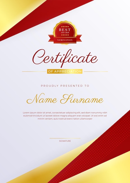 Elegante plantilla de premio de certificado de diploma rojo y dorado