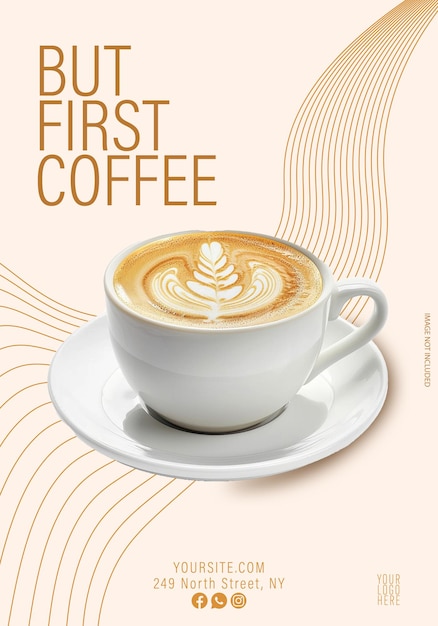 Elegante plantilla de redes sociales de café con taza blanca de arte latte con líneas curvas de naranja