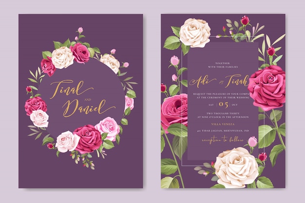 Elegante plantilla de tarjeta de boda con corona de rosas hermosas