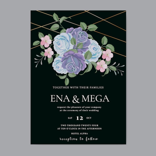 Elegante plantilla de tarjeta de boda con flores y hojas azules clásicas