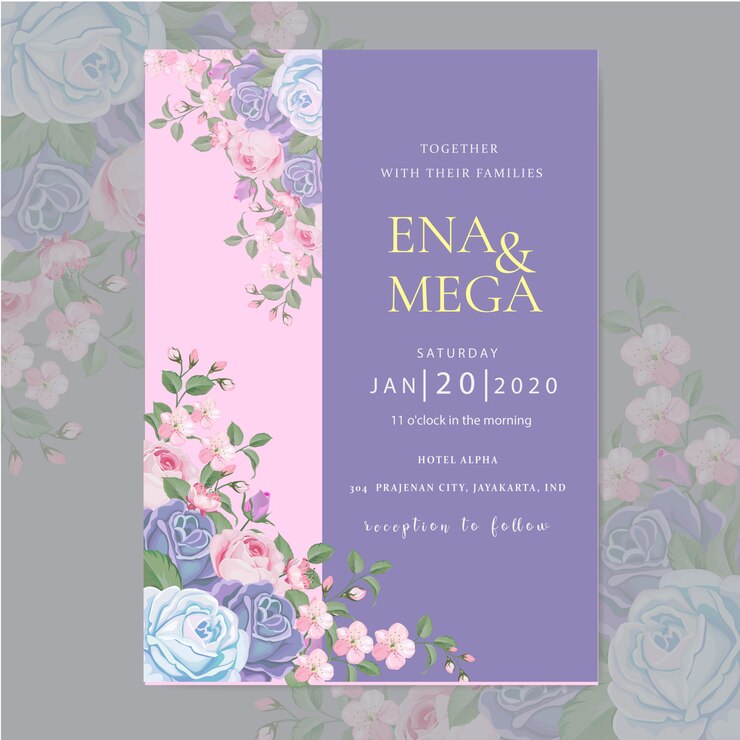 Elegante plantilla de tarjeta de boda con flores y hojas azules