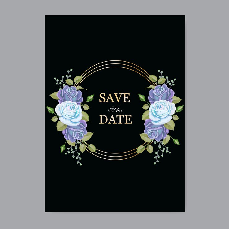 Elegante plantilla de tarjeta de boda con flores y hojas azules