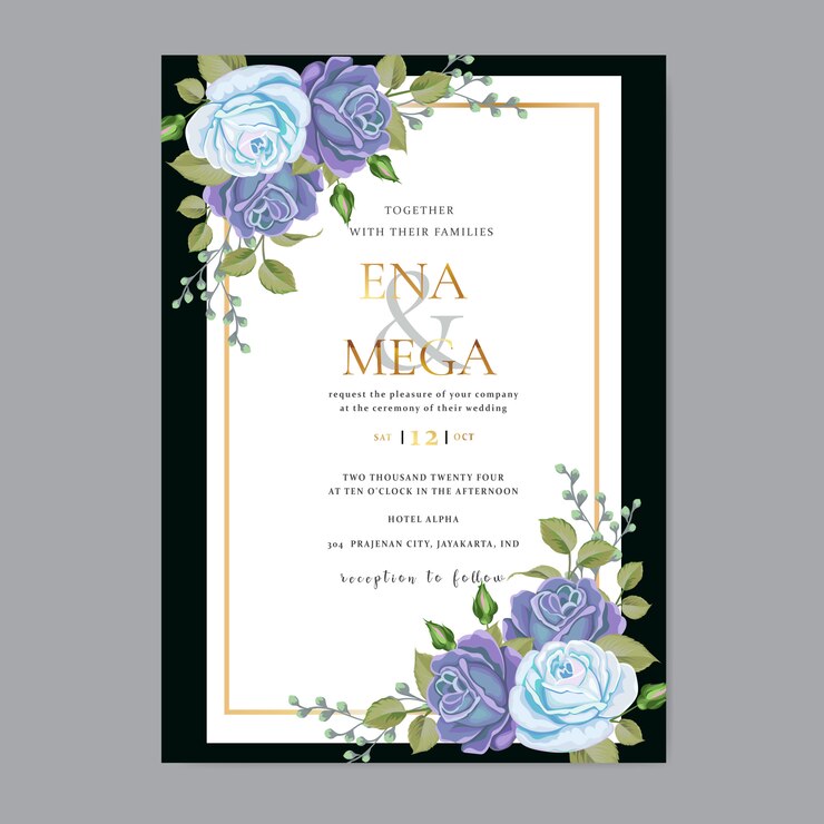 Elegante plantilla de tarjeta de boda con flores y hojas azules