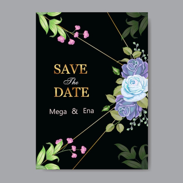 Elegante plantilla de tarjeta de boda con flores y hojas azules