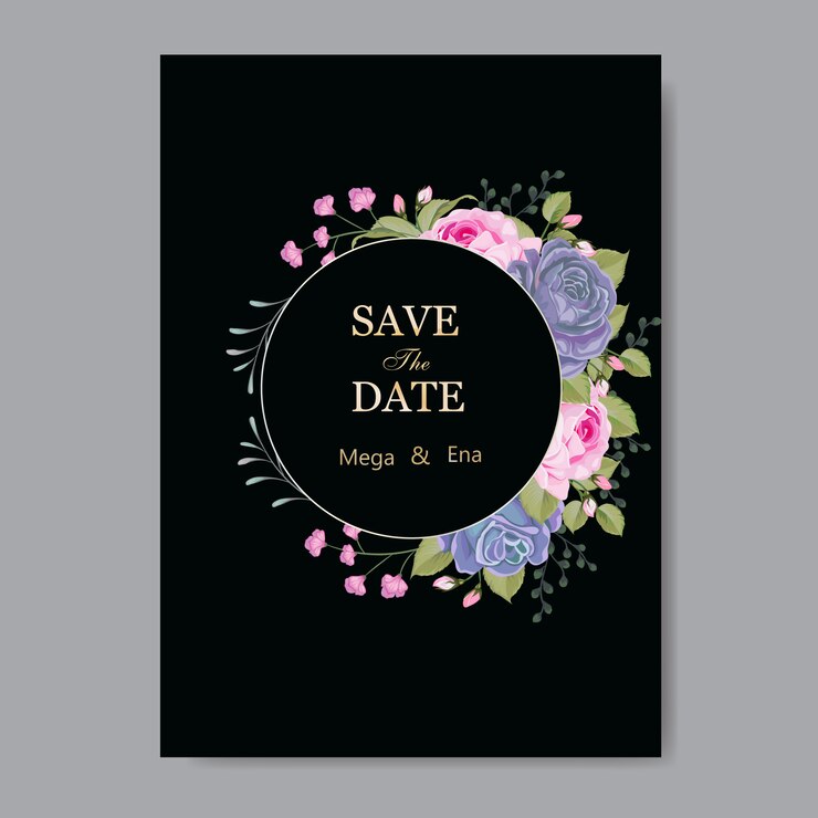 Elegante plantilla de tarjeta de boda con flores y hojas azules