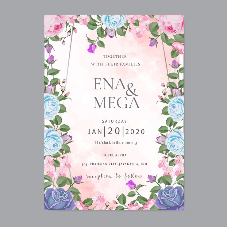 Elegante plantilla de tarjeta de boda con flores y hojas azules