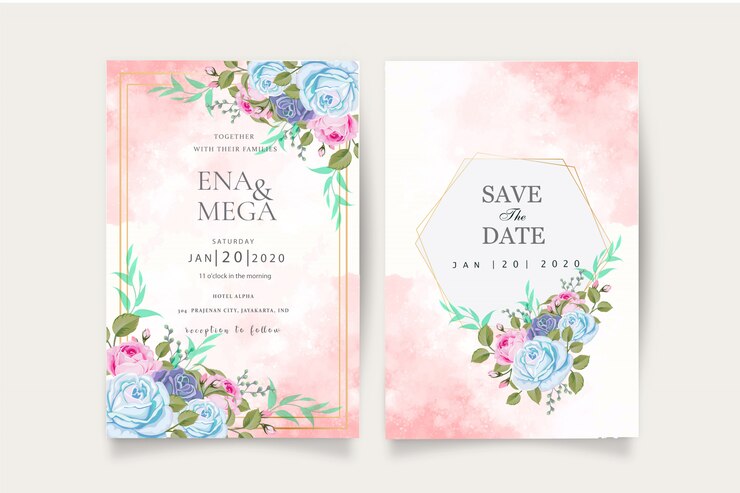 Elegante plantilla de tarjeta de boda con flores y hojas azules