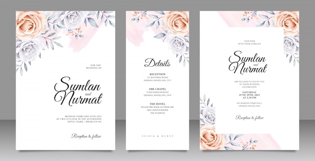 Elegante plantilla de tarjeta de invitación de boda con acuarela floral