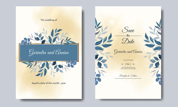 Elegante plantilla de tarjeta de invitación de boda con decoración de hojas azules