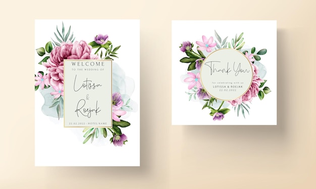 Elegante plantilla de tarjeta de invitación de boda floral acuarela púrpura