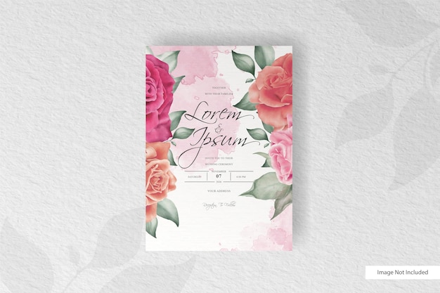 Elegante plantilla de tarjeta de invitación de boda con flores y hojas pintadas a mano