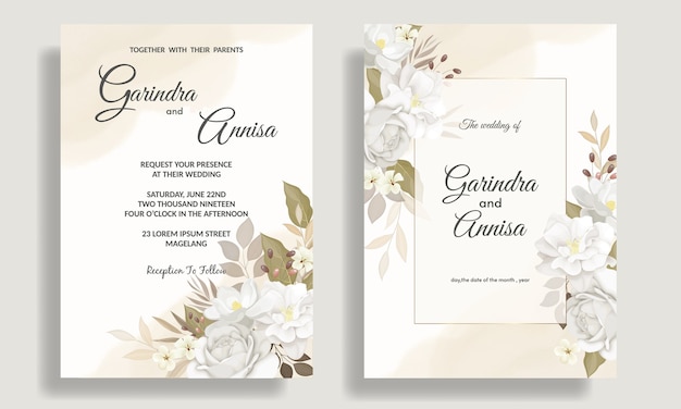 Elegante plantilla de tarjeta de invitación de boda con hermosas flores blancas y hojas