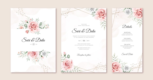 Elegante plantilla de tarjeta de invitación de boda con hermosas flores y hojas de acuarela