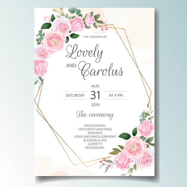 Elegante plantilla de tarjeta de invitación de boda con hermosas rosas rosadas y hojas verdes