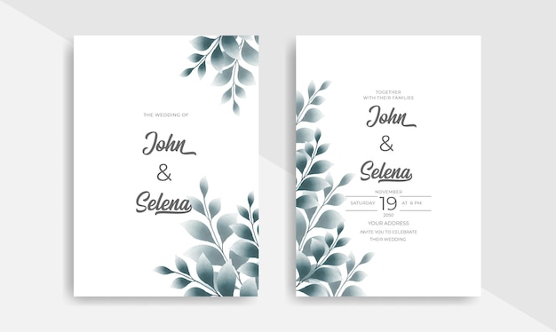Elegante plantilla de tarjeta de invitación de boda de hoja de acuarela dibujada a mano