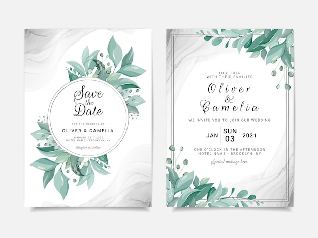 Elegante plantilla de tarjeta de invitación de boda con marco floral y fondo fluido plateado