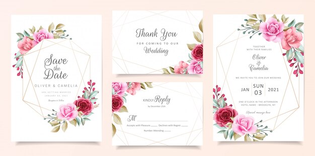 Elegante plantilla de tarjeta de invitación de boda con marco floral geométrico