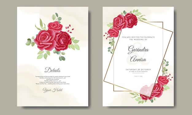 Elegante plantilla de tarjeta de invitación de boda con rosas rojas y hojas  | Vector Premium