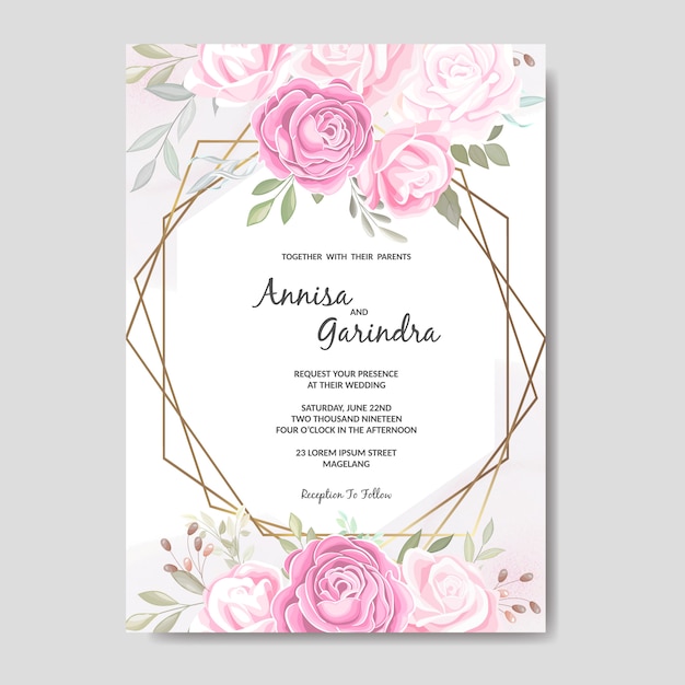 Elegante plantilla de tarjeta de invitación de boda con rosas rosas suaves