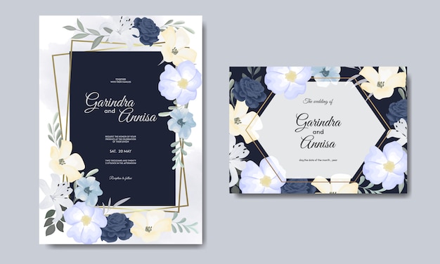 Elegante plantilla de tarjeta de invitación de boda con vektor premium azul marino floral colorido