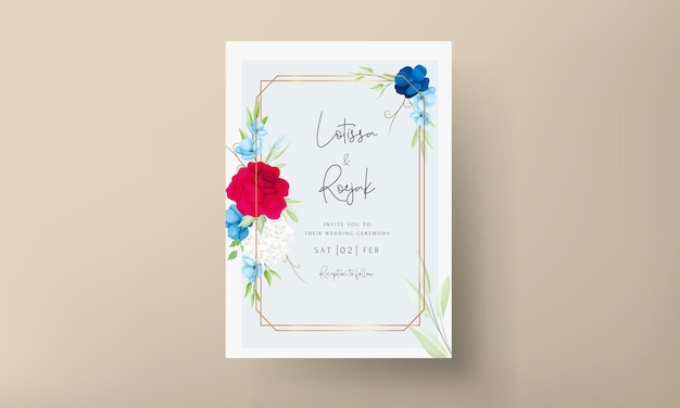 Elegante plantilla de tarjeta de invitación floral granate azul marino