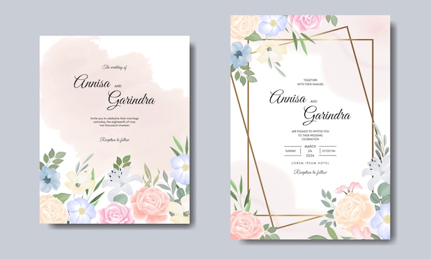 Elegante plantilla de tarjeta de invitaciones de boda con colouful floral y hojas