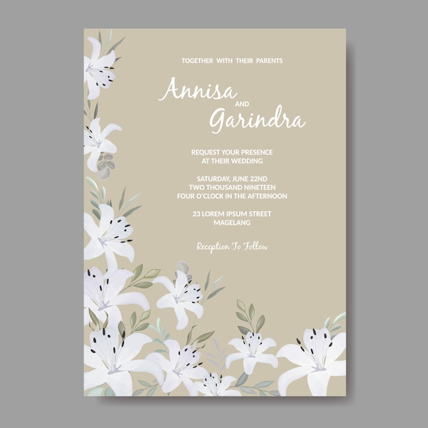 Elegante plantilla de tarjeta de invitaciones de boda con flores blancas y hojas
