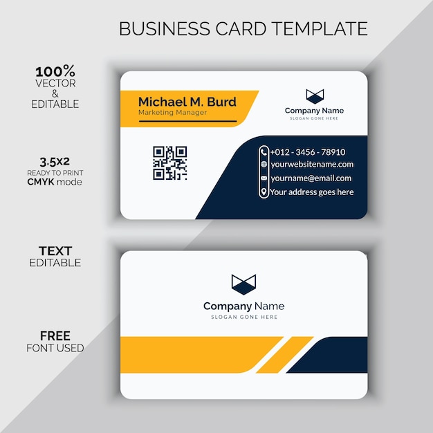 Elegante plantilla de tarjeta de visita azul y amarillo