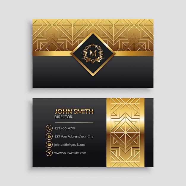 Elegante plantilla de tarjeta de visita dorada y negra