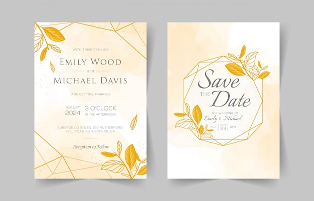 Elegante plantilla de tarjetas de invitación de boda con decoración floral acuarela