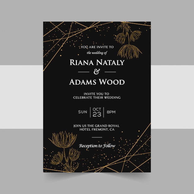 Vector elegante plantilla de tarjetas de invitación de boda con decoración floral dorada