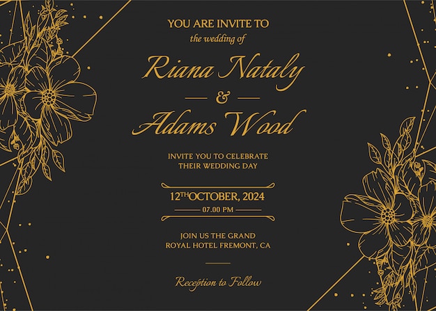Elegante plantilla de tarjetas de invitación de boda con decoración floral dorada