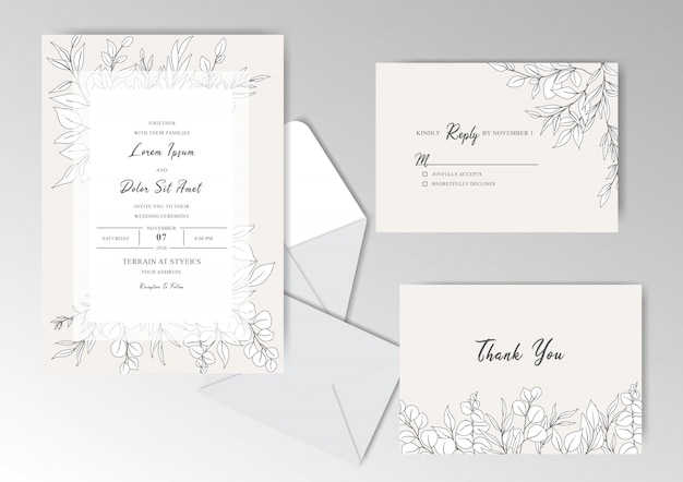 Elegante plantilla de tarjetas de invitación de boda dibujada a mano con hermosas hojas