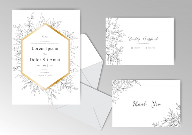 Elegante plantilla de tarjetas de invitación de boda con hermosas hojas dibujadas a mano