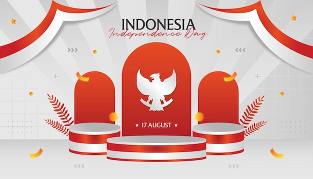 Vector elegante podio mostrar banner 3d para el día de la independencia de indonesia el 17 de agosto con ornam rojo y blanco