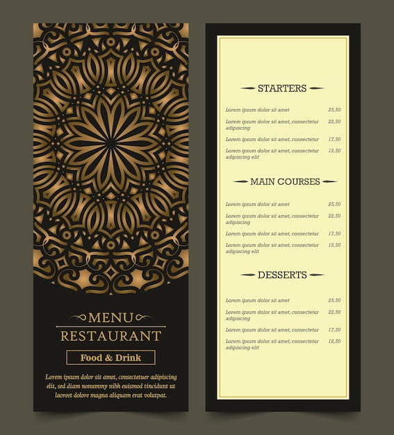 Elegante portada del menú del restaurante con ornamento del logotipo
