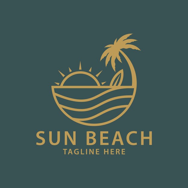 Elegante puesta de sol hipster con logotipo de agua de playa de mar oceánico e icono de vector de árbol de coco en vector de logotipo de contorno de línea lineal de tendencia