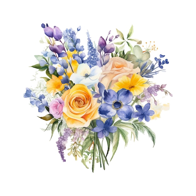 Vector elegante ramo floral de primavera composición de flores amarillas y azules en blanco