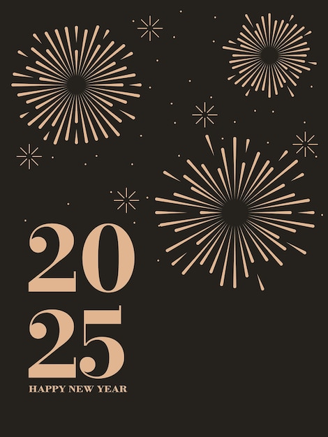 Elegante saludo de Año Nuevo 2025 con fuegos artificiales dorados y estrellas en un fondo marrón oscuro que celebra la llegada del año nuevo Concepto para cartel de decoración navideña cartel de bandera volante