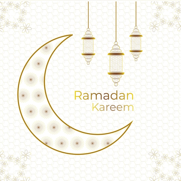 Elegante saludo de luna y linternas decorativas de ramadan kareem