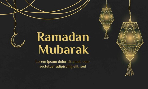 Elegante saludo de Ramadán Mubarak con linternas brillantes en un fondo oscuro