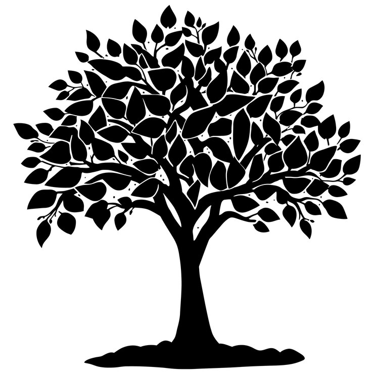 Elegante silueta de árbol negro con denso patrón de hojas en diseño abstracto