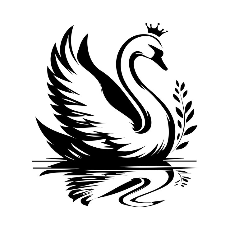 Elegante silueta de cisne con corona y elementos florales en arte vectorial