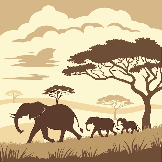 Elegante silueta de una familia de elefantes caminando a través de la sabana en Sunset Vector