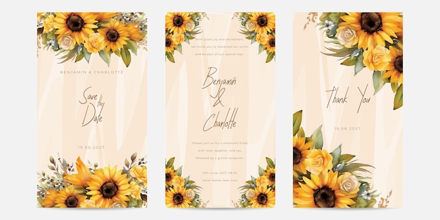 Elegante tarjeta de boda con floral y hojas de girasol amarillo acuarela